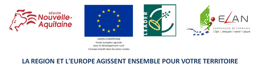 Logos Région Nouvelle-Aquitaine, Union européeenne, LEADER, Communauté de communes ELAN