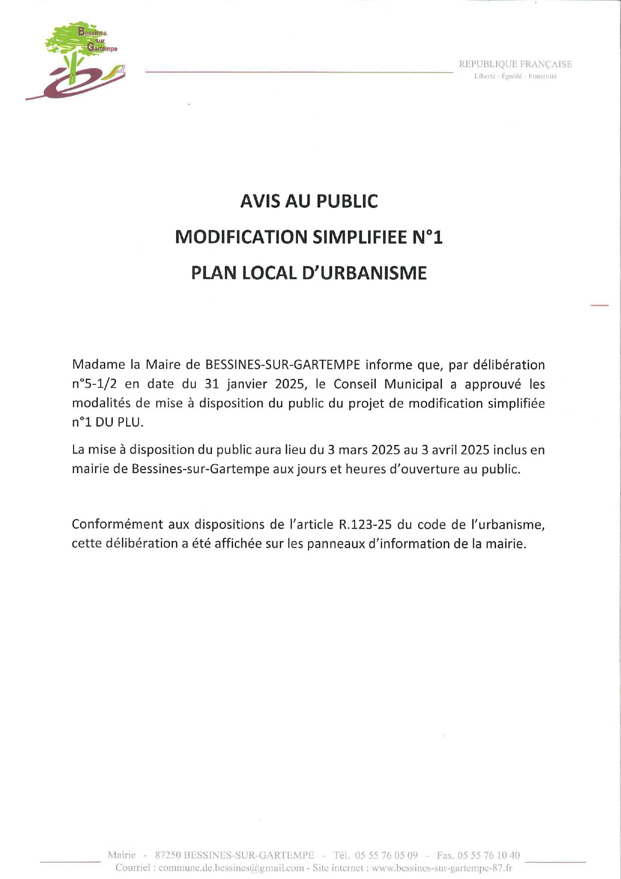 AVIS AU PUBLIC - MODIFICATION SIMPLIFIÉE N°1 DU PLAN LOCAL D'URBANISME